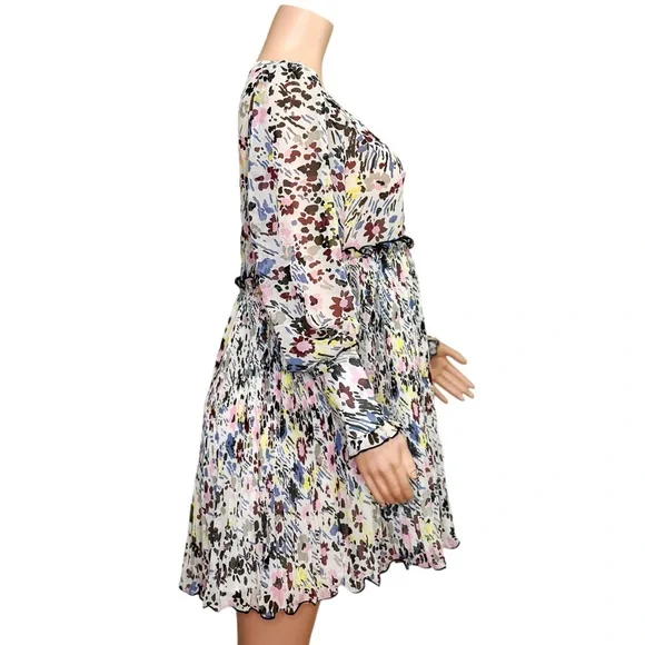 GANNI Pleated Georgette Floral Mini Dress, Egret, FR38 GANNI Pleated Georgette Floral Mini Dress, Egret, FR38